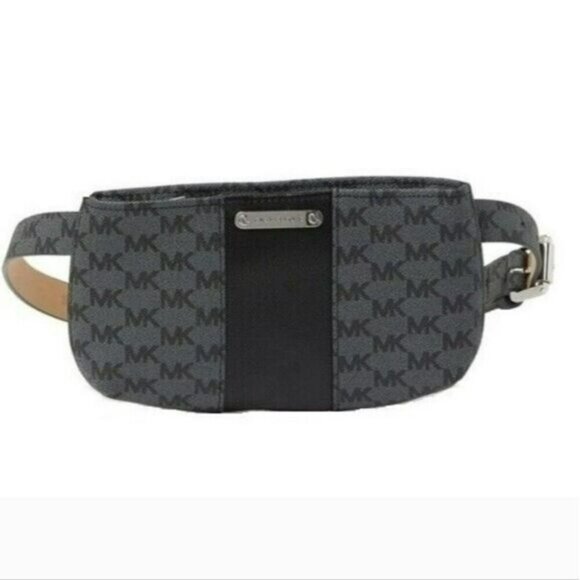 Michael Kors, New, MK Gray Black Logo Pebbled Leather Belt Bag, Small, Medium - Picture 3 of 12